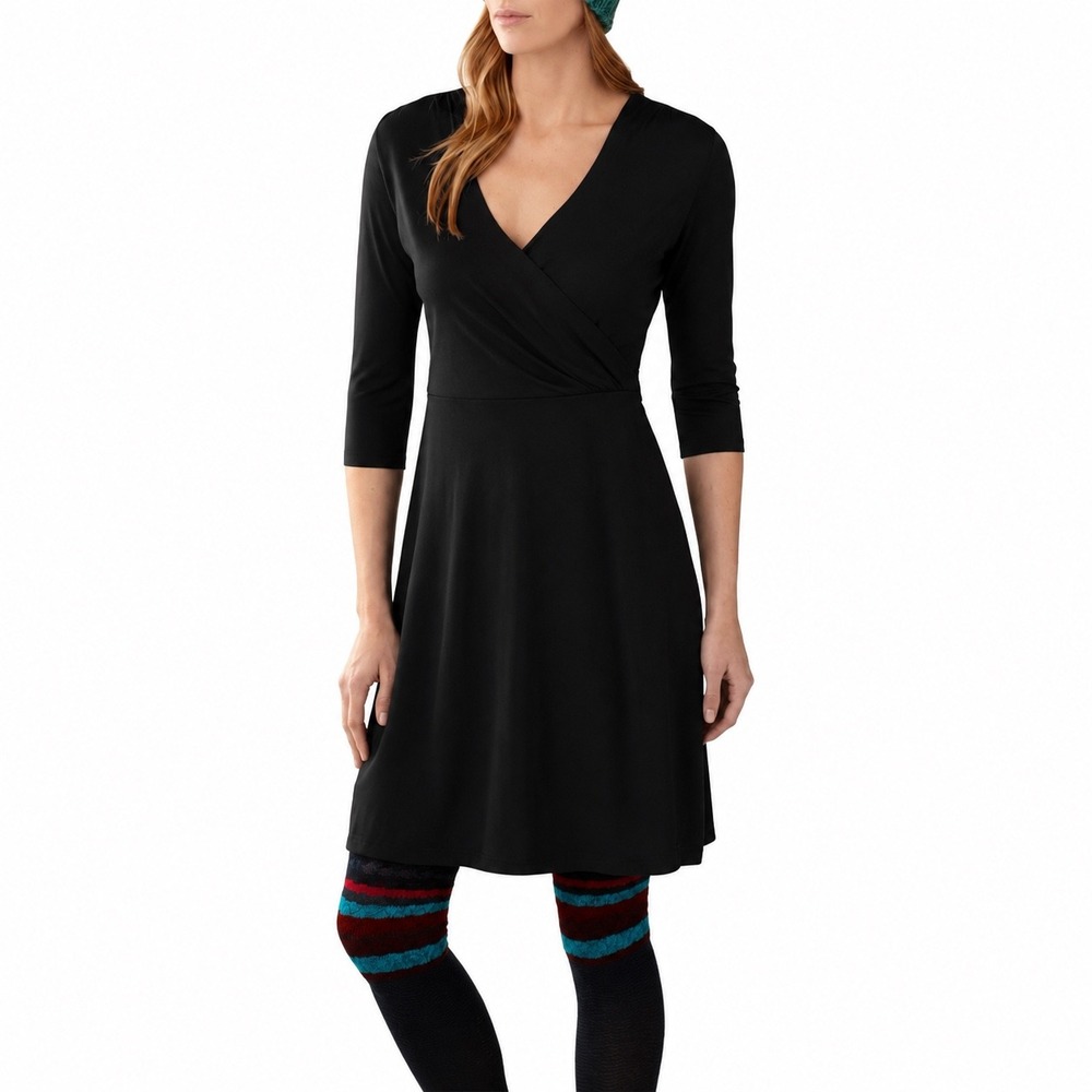 SmartWool Maybell 3/4 Sleeve Black Merino Wool Wrap Dress Outdoor Womens XS